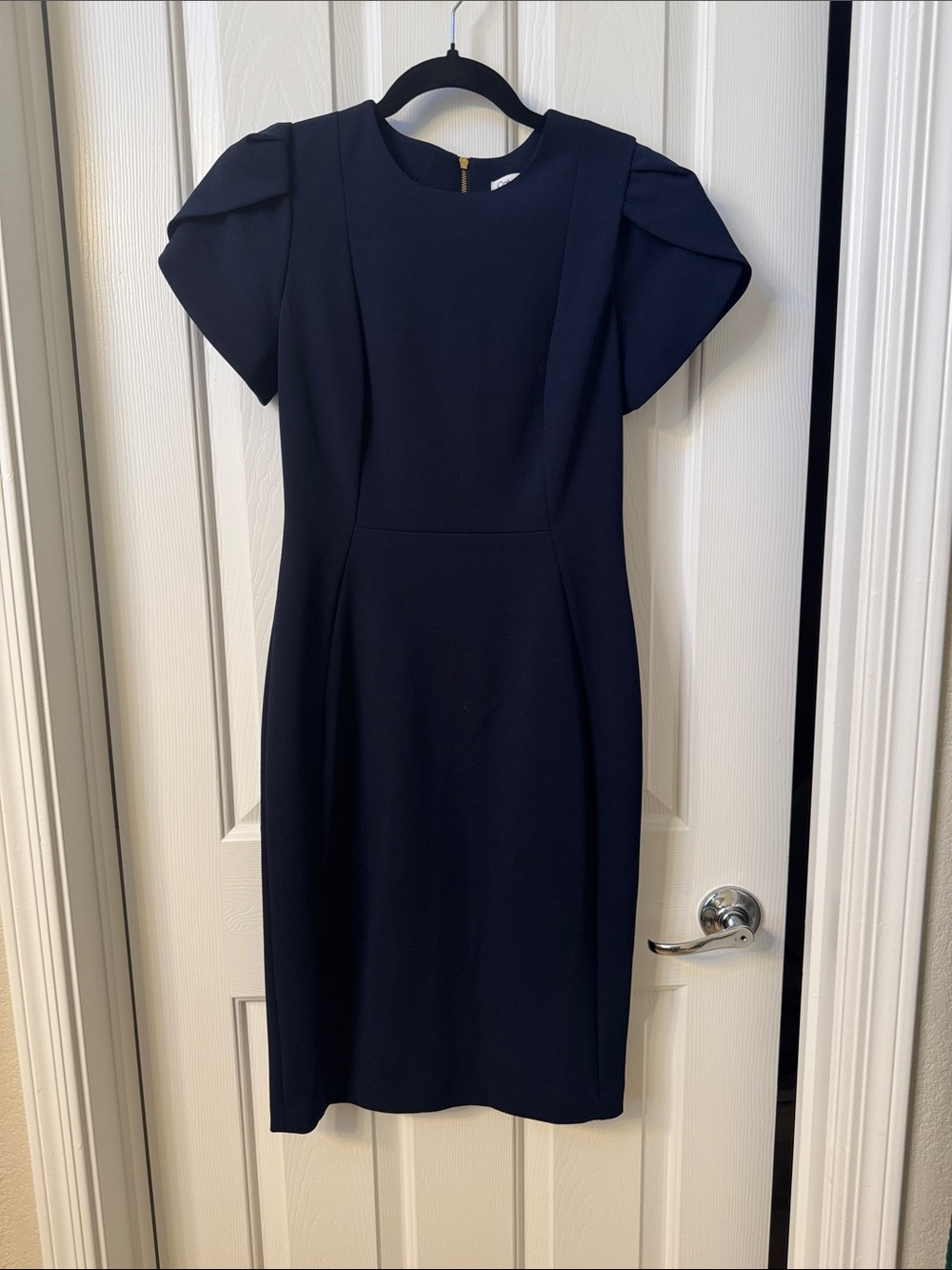 Calvin Klein Classic Navy Sheath Dress with Puff Sleeves